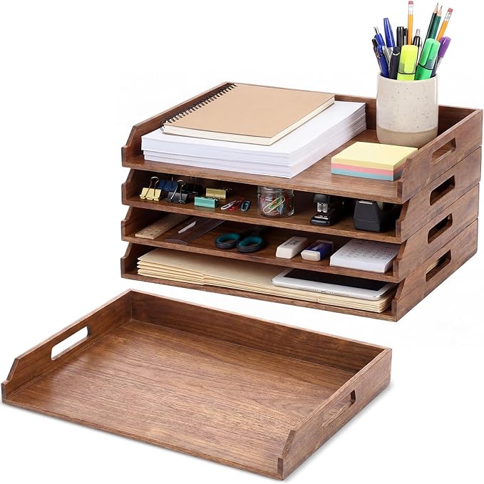 4 Pcs Stackable Paper Tray Bamboo Wood Desk Organizer Letter Tray 4 Tier Wooden File Organizer Desk Shelf for Documents, Letter Sorter, Envelopes and Magazine Holder