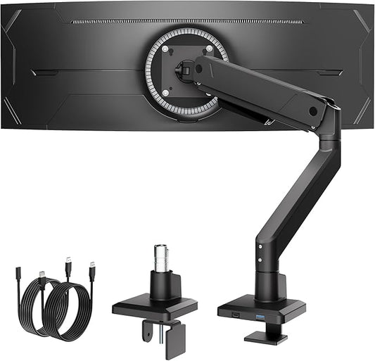 monTEK Single Monitor Arm with USB for Max 45 Inch Ultrawide Screens Adjustable Monitor Desk Mount Holds 35 Lbs Cable Management with C Clamp/Grommet Desk Mount, VESA 75/100mm