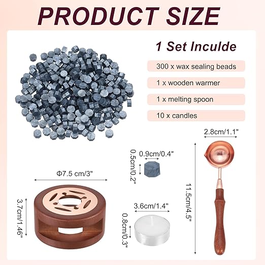 PATIKIL Wax Seal Kit, 300 Pcs Wax Sealing Beads, Wooden Warmer, Melted Spoon, 10 Pcs Tealight Candles for Envelope Letter Mailing Crafts DIY, Gray Blue