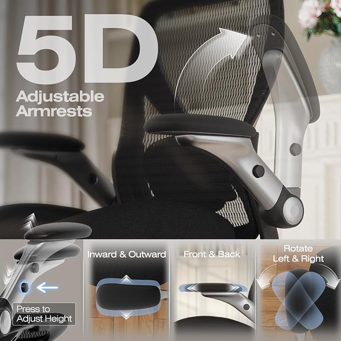 ELABEST X100 Ergonomic Mesh Office Chair, Big and Tall Hone Desk Chair with 5D Flip-Up Arms, Adjustable 3D Lumbar Support,Gaming & Executive Computer Chairs for Long Hours, Padded Seat