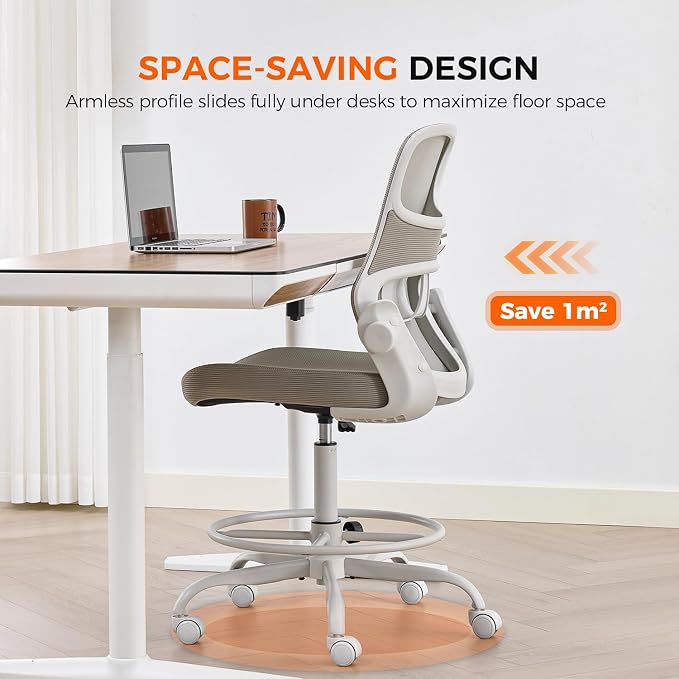 Armless Drafting Chair, Tall Office Chair for Standing Desks | A foot ring steadies legs through crafting and studio projects; breathable lumbar mesh and silent casters fit compact spaces.