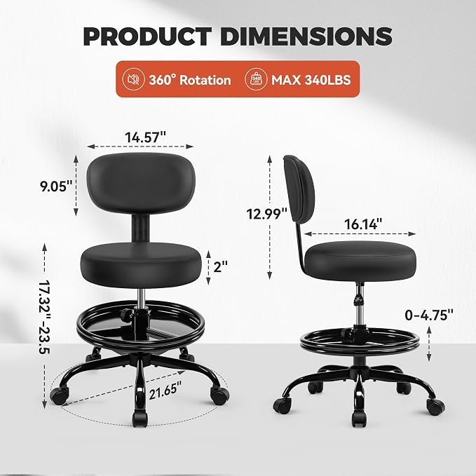 BestGlory Shop Stool with Wheels for Garage, Mechanics Rolling Chair with Backrest, Adjustable Height Heavy Duty Garage Stool with Footrest and Storage Tray, Swivel Task Chair for Workshop Salon