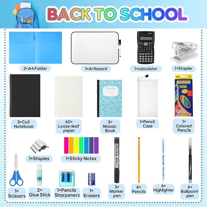 Gilprop 1 Set School Supply Kit 97 Pcs Per Set Back to School Essentials Bundle Pencils Scissors Glue Highlighter Marker Pen Notebook Eraser Sharpener Calculator Stapler for Middle High Students