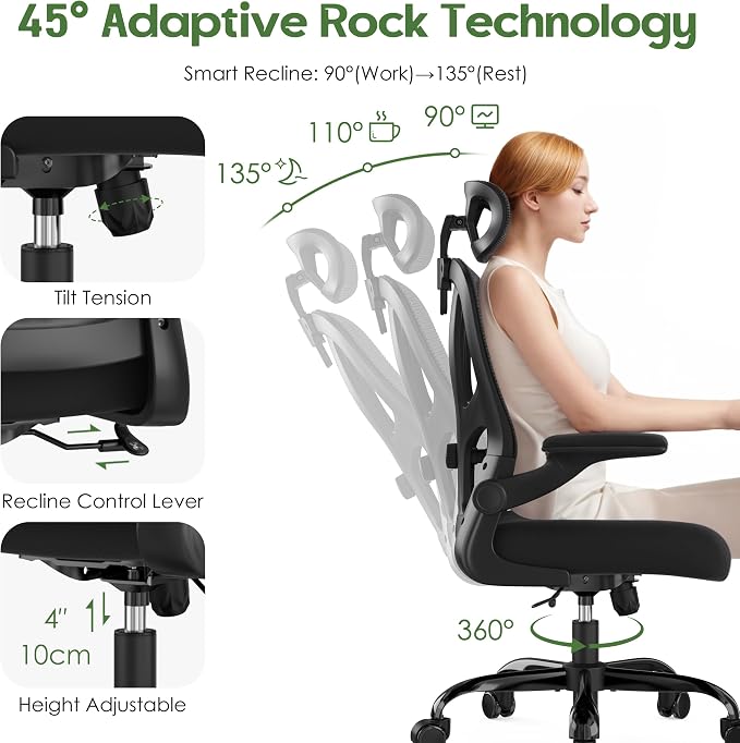 Office Chair Ergonomic Desk Chair - Mesh High Back Office Chair with Headrests Wheels Lumbar Support Home Desk Office Chairs Flip up Armrest Executive Rolling Computer Chair Black 2 Pack