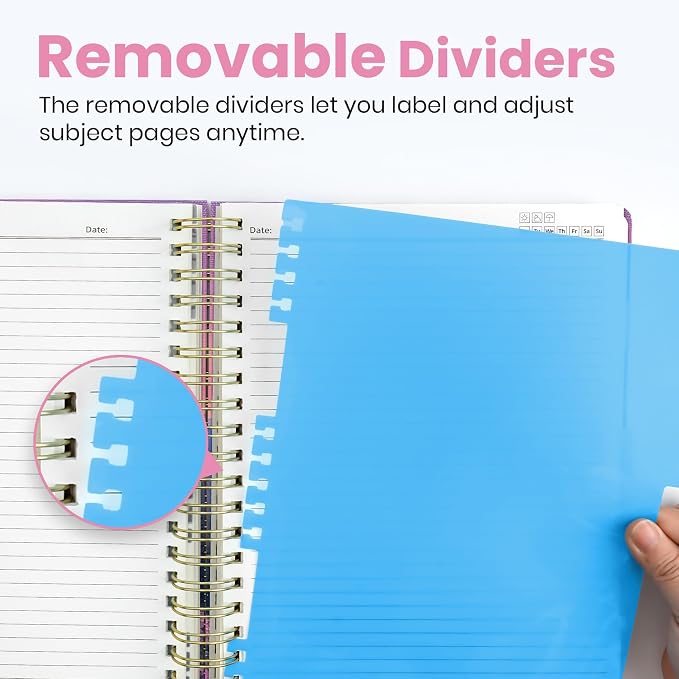 Large Spiral Lined Notebooks for Work with Removable Dividers & Tabs, 8.5"x11" Pretty Hardcover 5 Subject Notebook Journal for Women, College Ruled, Perfect for Study & Office Organization, 280 Pages, Twilight Bloom