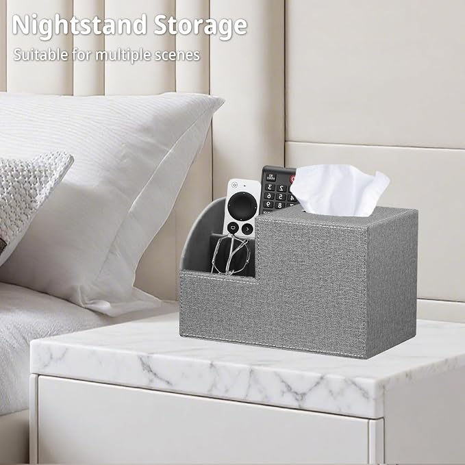 Square Tissue Box Cover with Storage, PU Leather Cube Tissue Box Holder, Remote Control Nightstand Organizer, Modern Desk Caddy for End Table, Bathroom, Bedroom, Home, Office Decor(Grey) | TV Remote Control Holder, Desk Accessories Nightstand Organizer...