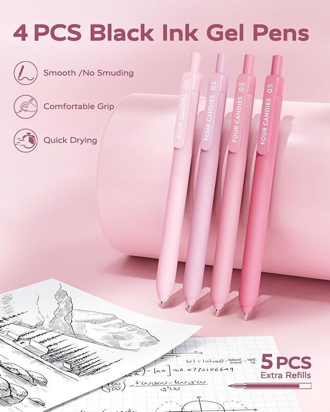 Four Candies Pink School Supplies with Case, Gel Pens with Black Ink, Correction Tapes, Pastel Highlighters, Mechanical Pencils, Sticky Notes, Index Post for Bible Study Stationary College Essentials