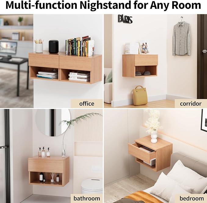 Floating Nightstand, Modern Wall Mounted Bedside Table with Drawer, Wood Bedside Shelf & Desk, End Table Wood Modern Night Stand for Bedroom (T6784876, Set of 1)