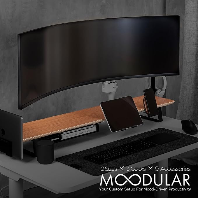 Moodular Wooden Monitor Stand Desk Organizer, Large 45.6" Oak | Customizable Organized Workspace, Aluminum Slide Rails, 10 Add-Ons Sold Separately: Storage Drawer, Tablet, Phone & More