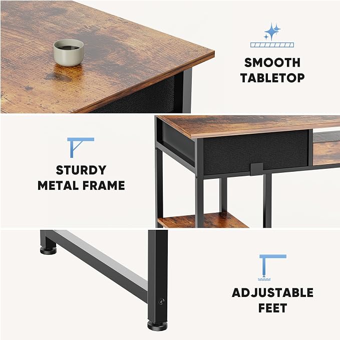 DUMOS 48" Small Computer Home Office Desk for Bedroom with Drawers, Gaming Writing Study Table with Storage Shelf, Adjustable Feet, Metal Frame Natural Brown