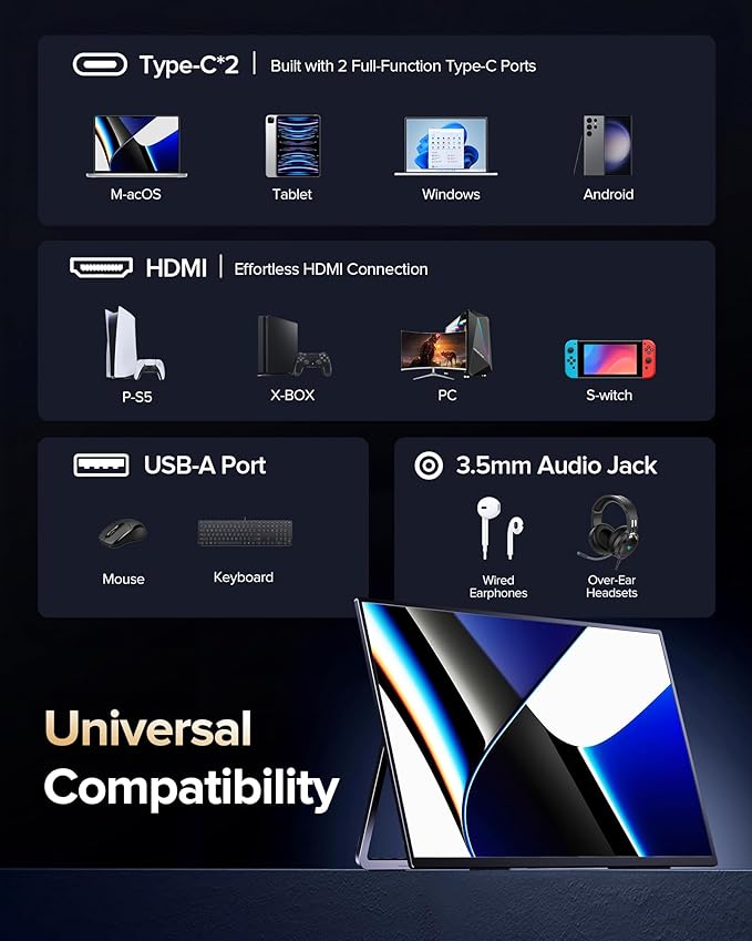 Newsoul 23.8'' Portable Monitor 144Hz Gaming Monitor, 145% sRGB | 2000:1 | FreeSync Built-in Adjustable Stand, Speaker and VESA, USB-C HDMI Large Second Screen for Laptop, Mac-Book, PC, Game Console