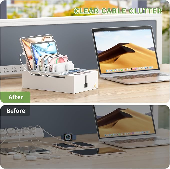 Pezin & Hulin Bamboo Charging Station-White (No USB Charger and Cables) | Electronic Devices Organizer for Multiple Devices Charger Such As Cell Phone, Tablet, Watch and More
