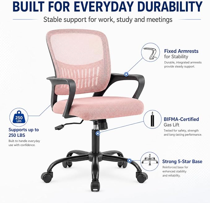 Ergonomic Office Chair, Home Office Desk Chair, Game Chair with Lumbar Support, Breathable Mesh Chairs, Swivel Desk Chairs for Computer, Home, Office, 360° Swivel (Pink)