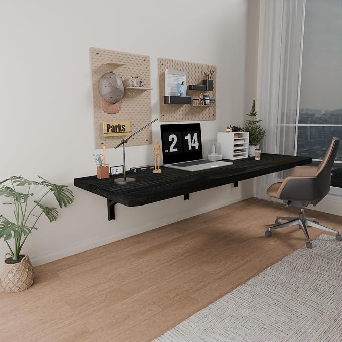 IAE Wall Mounted Folding Table with Pine Wood,48" x 16" Floating Wall Desk,Laundry Folding Table with Shelf Brackets,Fold Down Desk Shelf,Fold Workbench for Apartments,Home,Laundry Room,Kitchen,Black