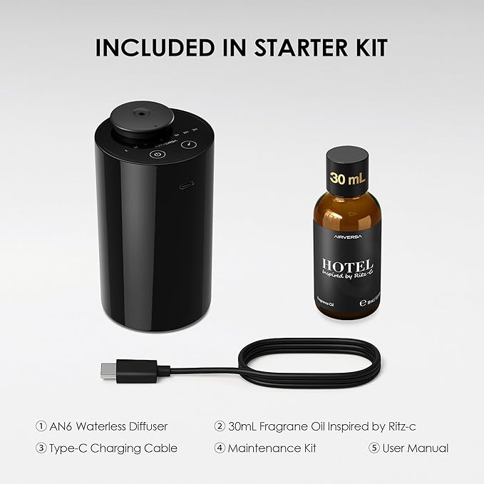 Airversa Waterless Essential Oil Diffuser Starter Kit with 30mL Hotel Fragrance Oil Inspired by Ritz-C., Battery Operated Car Diffuser, Portable Aroma Nebulizer for Home Car Office, AN6Kit-2, Black