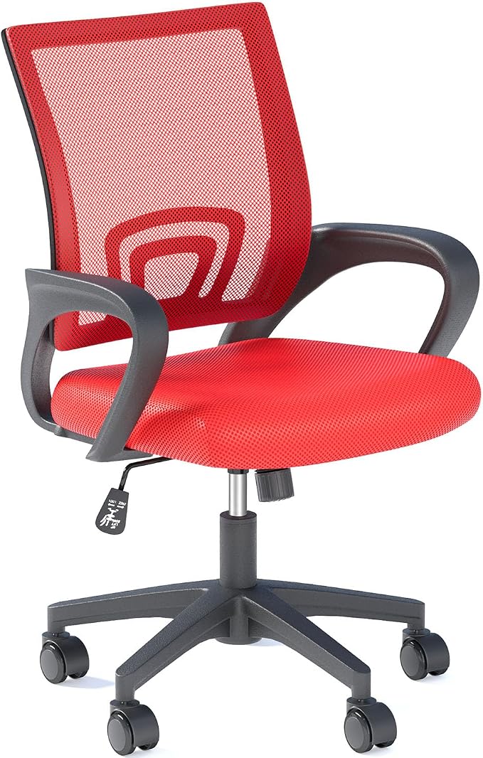 OS MOTOR Ergonomic Mid-Back Mesh Office Chair (Red) | Lumbar Support, Adjustable Height, Swivel Rolling Design, Comfy Armrest, Home, Office, Work, Study, Gaming, Vanity