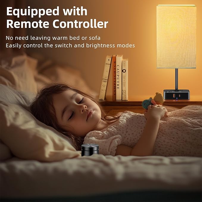 cozoo Bedside Table Lamp for Bedroom, 3 Way Dimmable & Remote Control Stepless Dimming Touch Nightstand Lamp, 2 USB Ports and 2 AC Outlets, Small Desk Light for Living Room, Bed, Study, Beige