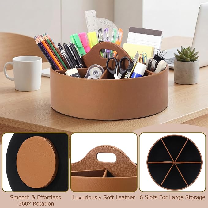 360° Rotating Leather Desk Storage Organizer with 6 Slots and Handle Extra-large Pen Holder Spinning Pencil Storage Lazy Susan Organizer Office Desk Supplies Marker, Art Supply(Brown)