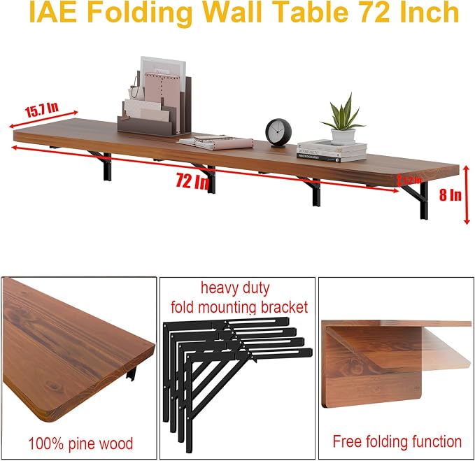 IAE Wall Mounted Folding Table with Pine Wood,72" x 16" Floating Wall Desk,Laundry Folding Table with Shelf Brackets,Fold Down Desk Shelf,Fold Workbench for Apartments,Home,Laundry Room,Kitchen,Teak