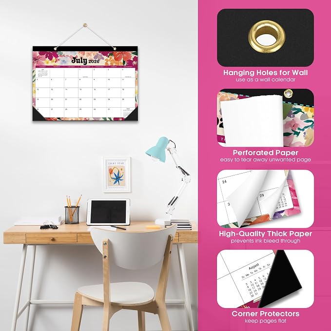 Desk Calendar 2026-2027, 18-Month Calendar Runs from July 2026 to December 2027, Large 17" x 12" Monthly Desktop & Wall Calendar for Home & Office - Vivid Bloom