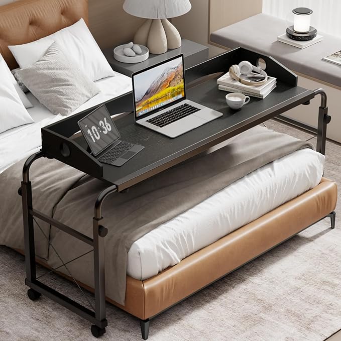 BYMECOST Laptop Desk for Bed, Adjustable Height & Length Laptop Bed Table | Overbed Table with Wheels for Queen Size Beds,Rolling Standing Desk,Over Bed Desk for Working Reading Eating