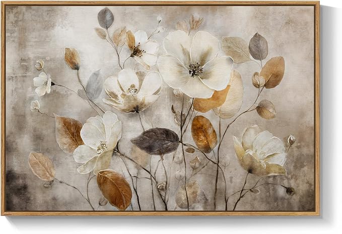 Framed Vintage Neutral Floral Wall Art for Living Room, Brown Botanical Flower Aesthetic Canvas Artwork for Walls, Farmhouse Rustic Painting Print for Bedroom Dining Room Hallway Wall Decor, 36X24 In