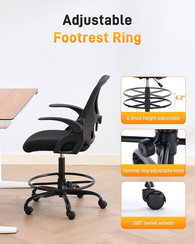LukkDys Drafting Chair with Arms, Tall Office Chair for Standing Desks | Ergonomic lumbar pad, breathable mesh and foot ring support forward-leaning posture for sewing, crafts and daily studio work.