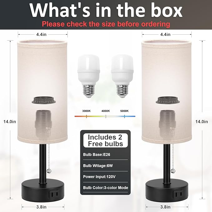 Fenmzee Bedside Table Lamps Set of 2-3 Color Temperatures Pull Chain Lamp with AC Outlet Charging Port, Round Night Stand Lamps for Bedroom Guest Room Office, Small Bed Side Light with E26 LED Bulbs