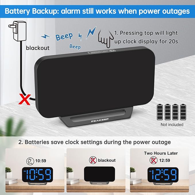 Peakeep Small Digital Alarm Clock for Bedrooms, Loud for Heavy Sleepers | Dimmable Plug in Electric Large Numbers Clock Battery Backup, Slim Clock for Table Office Modern Living Room (BB)