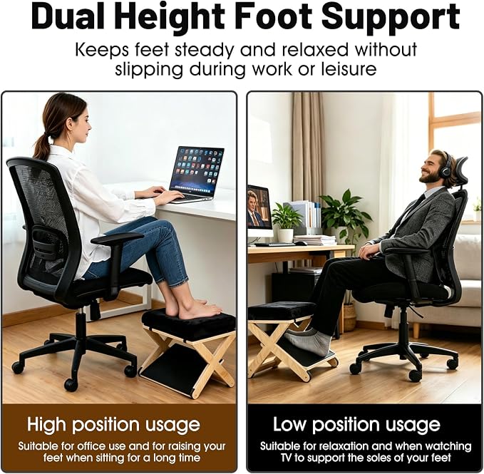 Adjustable Height Foot Rest Under Desk at Work, Foot Stool Under Desk | Comfortable Memory Foam, Under Desk Footrest, Non-Slip EVA Surface, Desk Foot Rest, Wooden Design, Leg Rest Under Desk