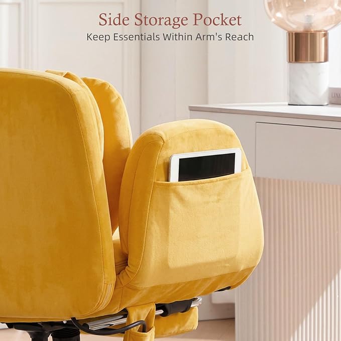 Criss Cross Office Chair with Footrest and 5-Gear Adjustable Arms, Yellow | Wide seat cross-legged desk chair, flip lumbar pillow, airbag support, linen fabric, for home office, vanity and meditation