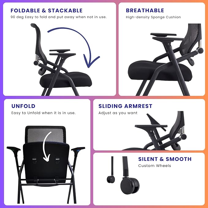 2 Pack Stackable & Foldable Conference Room Chairs with Lumbar Support, Armrest - Ergonomic Mesh Bouncing Back for Office Meeting, Conference, Reception and Training Room Chair