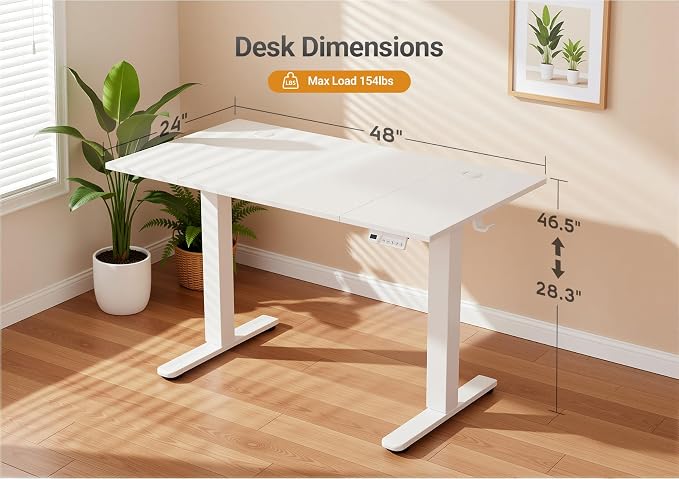 Claiks Electric Standing Desk, Adjustable Height Stand up Desk, 48x24 Inches Sit Stand Home Office Desk with Splice Board, White Frame/Cold White Top