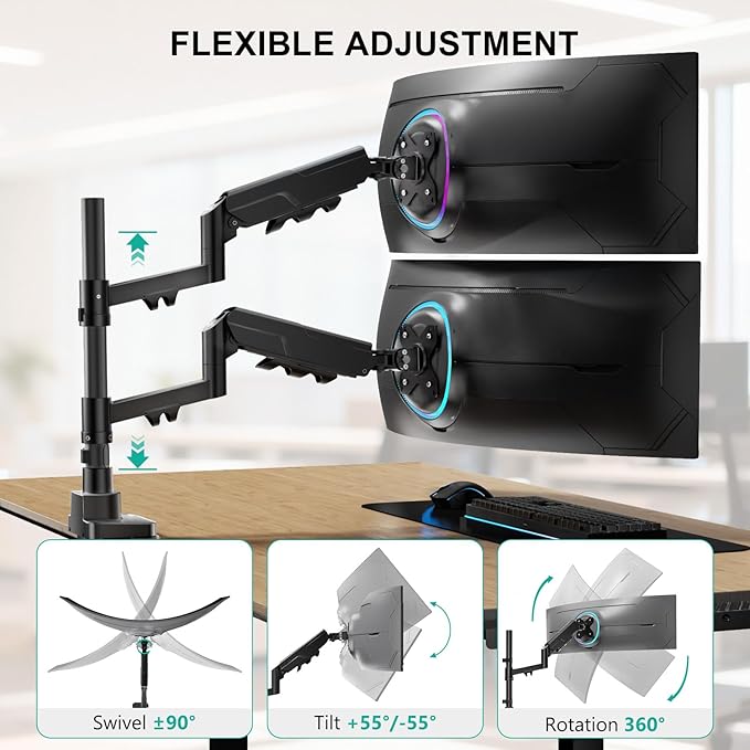 WALI Vertical Dual Monitor Stand for 17-49 inch Ultrawide Curved Screens, Heavy Duty Stacked Dual Monitor Mount with Tall Pole, Adjustable Gas Spring Monitor Arm up to 33lbs, 75/100mm VESA, Black