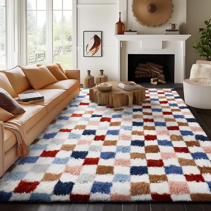 Ophanie Checkered Rainbow Rug for Living Room Bedroom,Colorful Fluffy Soft Cute Fuzzy Area Rugs,Shag Plush Shaggy Bedside Floor 8x10 Furry Carpet for Kids Teen Dorm Decor with Over 99 pcs Pile fibers