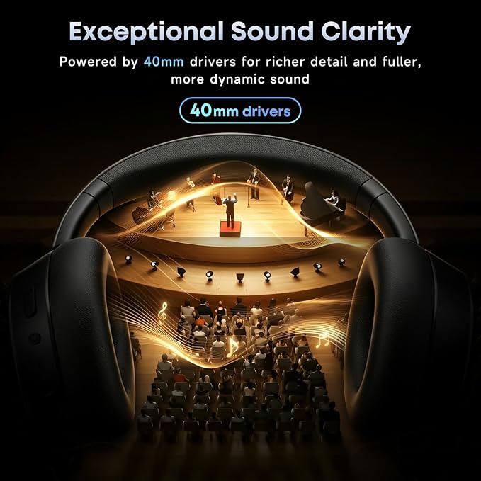 Hybrid Active Noise Cancelling Bluetooth Headphones Wireless Headphones | Over Ear, 120H Playtime, Hi-Res Audio, Deep Bass, Memory Foam Ear Cups for Home Office Travel Black