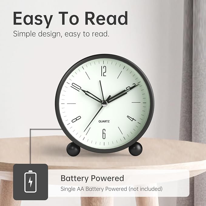 JALL Analog Alarm Clock, 4 inch Super Silent Non Ticking Small Clock with Night Light, Battery Operated, Simple Design, Old Fashioned Style Black Decor, for Bedroom, Bedside, Desk, Adult, Gift, Black