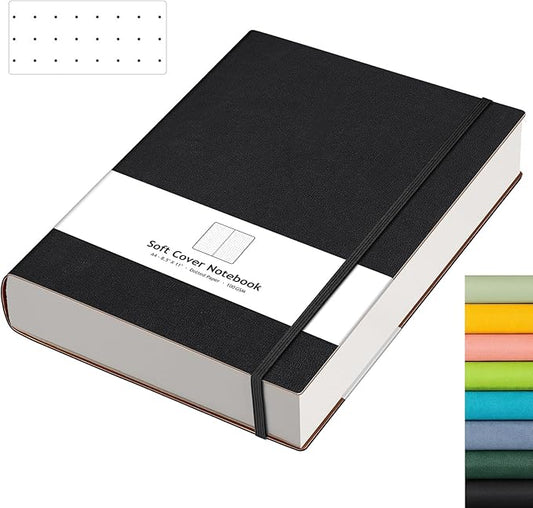 AHGXG Dotted Journal - Large A4 Notebook Dotted, 8.5''×11'', 320 Pages Dot Grid Notebook, 100gsm Thick Paper, Leather Softcover, with Journal Stencils, Inner Pocket, Black