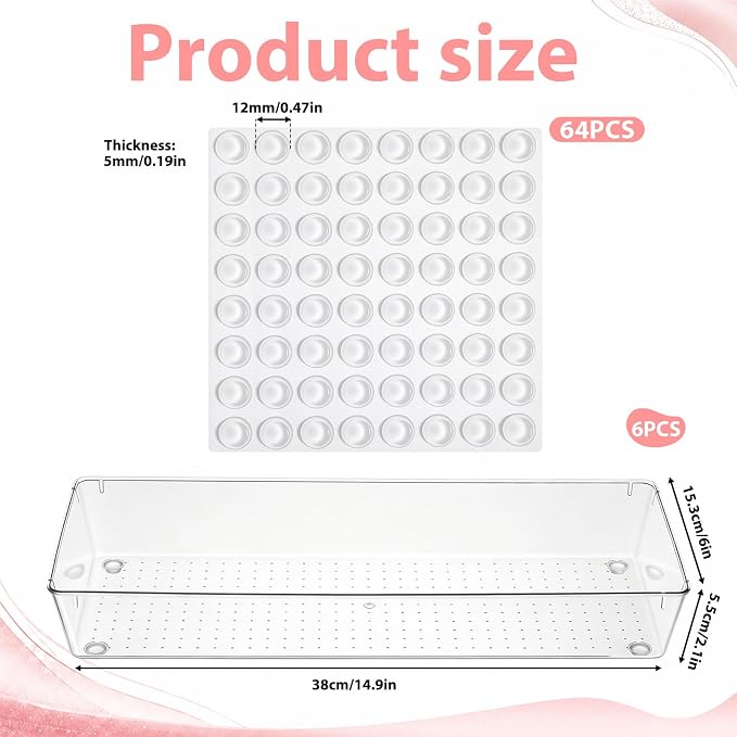 6 Pack Clear Plastic Drawer Organizer Tray 15 x 6 x 2 Inch Large Clear Drawer Organizer Set with Non-Slip Silicone Pads Stackable Drawer-Organizer Traysfor Makeup, Bathroom, Kitchen Utensils, Office,