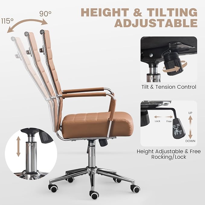 JOMEED Office Desk Chair,Conference Room Chair,High Back PU Leather Swivel | Modern Executive Ribbed Design, Ergonomic, Height Adjustable, Wheels and Arms, for Home Office(Brown-Silver Frame)