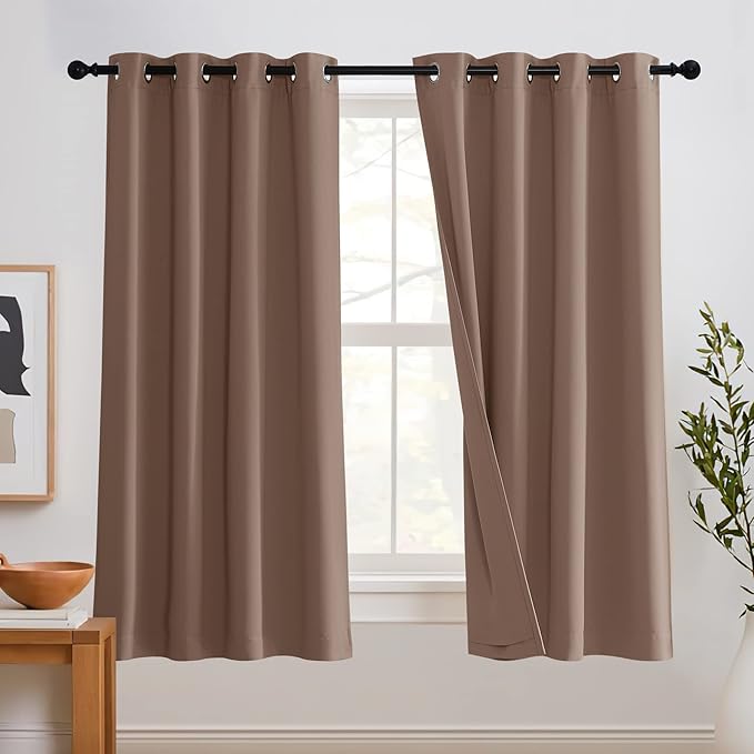 RYB HOME Noise Reducing Curtains - 3 Layers 100% Blackout Curtains Heavy Duty Thermal Insulated Window Drapes for Kids Room Studio Bedroom, 52 x 63 inches Long, Mocha, 2 Panels