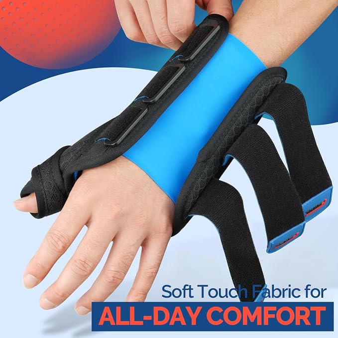 FEATOL Carpal Tunnel Wrist Brace Night Support, Thumb Spica Splint Left Hand for De Quervains Tenosynovitis, Tendonitis, Thumb Brace for Women Men, Black Blue, Small/Medium
