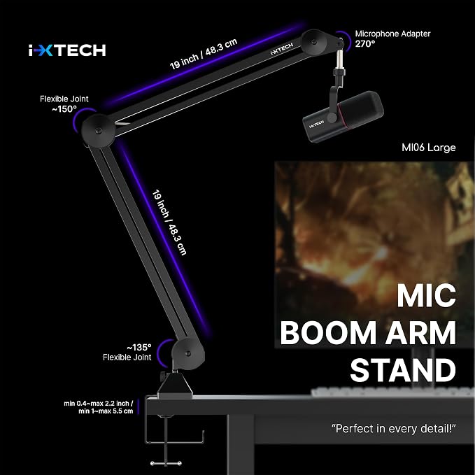 IXTECH Microphone Boom Arm Stand, Heavy Duty Adjustable Mic Stand with Cable Ties, Desk Mount Arm Stand for Gaming Streaming Podcasting.