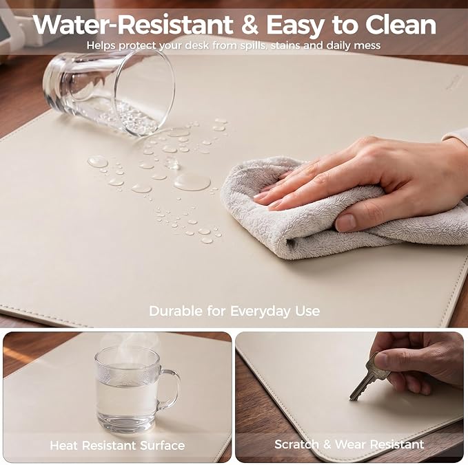 Large Desk Pad Non-Slip Desk Mat Protector for Keyboard Mouse Waterproof Vegan Leather Surface Faux Leather Laptop Mat Smooth Mouse Pad Premium Gift Tube Creamy White 55" x 23"