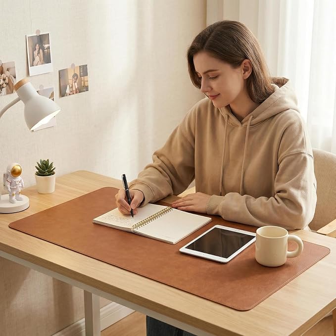 Large Desk Pad Non 17" x 35" - Slip Desk Mat Protector for Keyboard Mouse Waterproof Vegan Leather Surface Faux Leather Laptop Mat Smooth Mouse Pad Brown