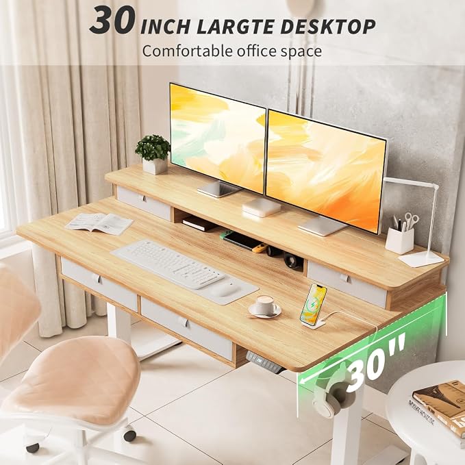Kingant Electric Standing Desk with 4 Drawers,USB Charging Ports 48"x 30" | Ergonomic Height Adjustable Large Workstation, Heavy-Duty Sit Stand Up Desk For Home Office Daily Work,Nature