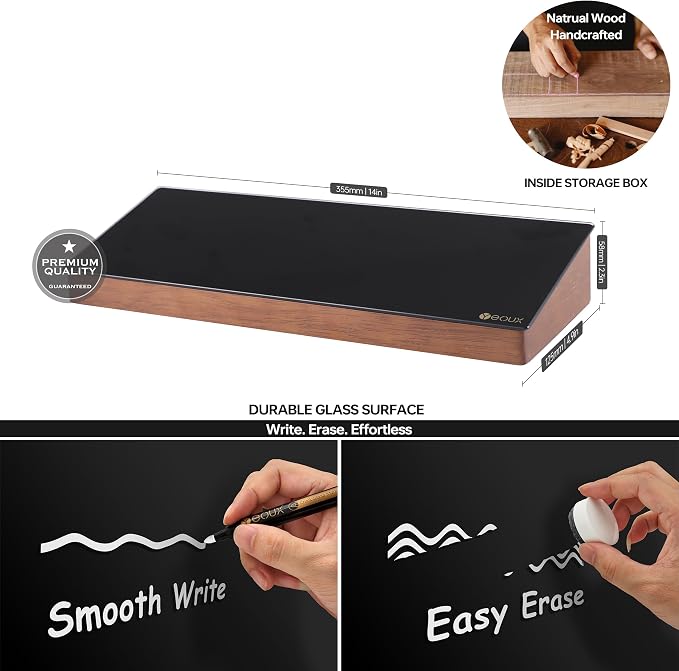 Desktop Black Glass Dry Erase Board with Wood Organizers for Small Office Supplies, Desk Whiteboard with Drawer for Home Office Cubicle, Accessories Included, Yeoux | Build With Soild Walnut Wood & Tempered Glass, Small Office Supplies Storage, For Hom...