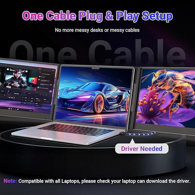 15.6" One-Cable Laptop Screen Extender, Ultra-Thin 1080P FHD Triple Portable Monitor, Travel Monitor for 13–17.3" Laptop, USB-C/USB-A Connection, Dual Monitor for Mac/Windows/Android(Driver Required)