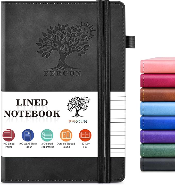 PERCUN Lined Journal Notebook for Men & Women, 160 Pages Leather Journals for Writing, A5 Hardcover Notebooks for Note Taking, Work, School, Business, Travel,Daily Diary 5.9" x 8.5" (Black)