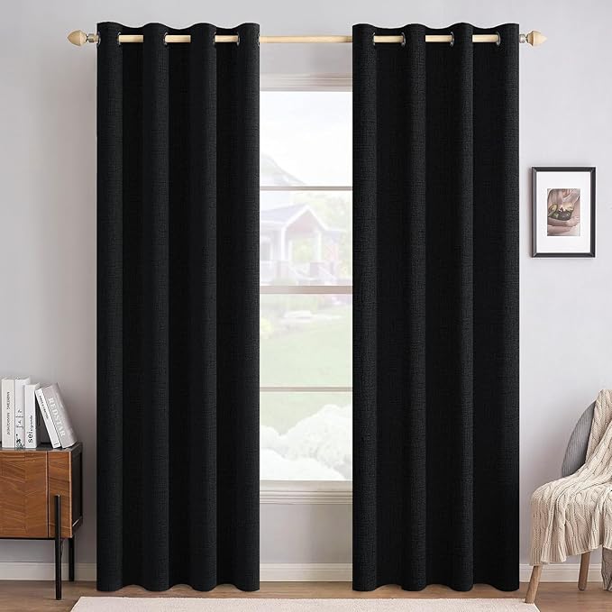 MIULEE Linen Texture 90 Inches Curtains for Bedroom 100% Blackout Thermal Insulated Halloween Black Curtains Grommet Room Darkening Drapes for Living Room 52x90 Inch (2 Panels)